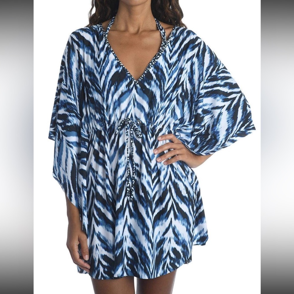 La Blanca Zebra Blue Print Swim Coverup Caftan Dress Belted M Medium